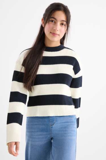 Kinderen: meisjes - Trui - ribstof - met strepen - donkerblauw / crème wit