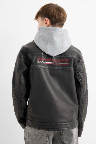 Bambini - Racing - giacca stile motociclista con cappuccio - similpelle - nero