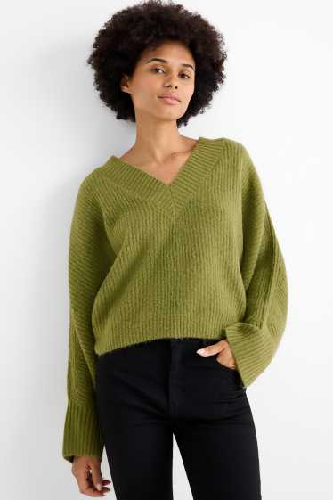 Donna - Maglione con scollo a V - a coste - verde chiaro