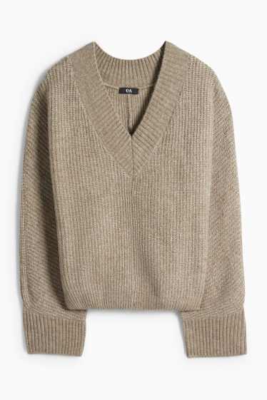 Women - V-neck jumper - ribbed - beige