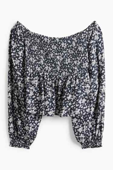 Damen - Crop Bluse - gesmokt - dunkelblau / weiß