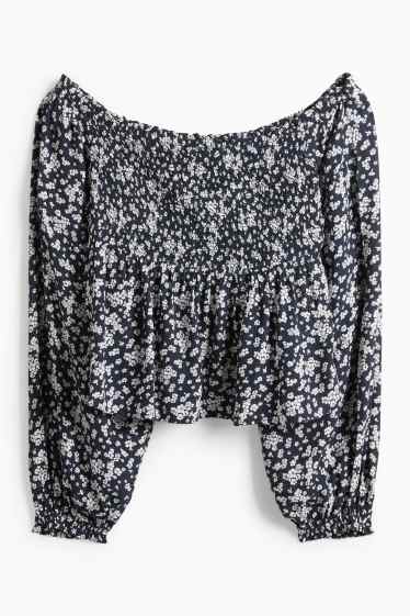 Damen - Crop Bluse - gesmokt - dunkelblau / weiß