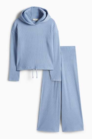 Děti - dívky - Souprava - mikina s kapucí a teplákové kalhoty - žebrovaná - 2dílná - modrá