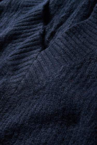 Dámské - Svetr s výstřihem ve tvaru V - žebrovaný - tmavomodrá