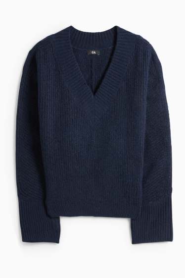 Dámské - Svetr s výstřihem ve tvaru V - žebrovaný - tmavomodrá