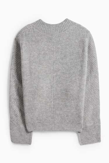 Femmes - Pull à col V - côtelé - gris clair chiné