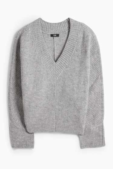 Femmes - Pull à col V - côtelé - gris clair chiné