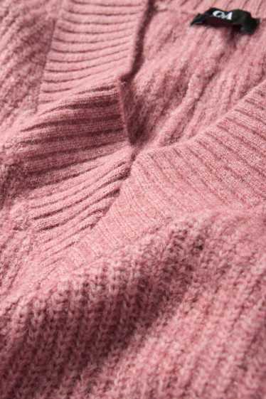 Dámské - Svetr s výstřihem ve tvaru V - žebrovaný - tmavě růžová