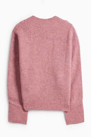 Dámské - Svetr s výstřihem ve tvaru V - žebrovaný - tmavě růžová