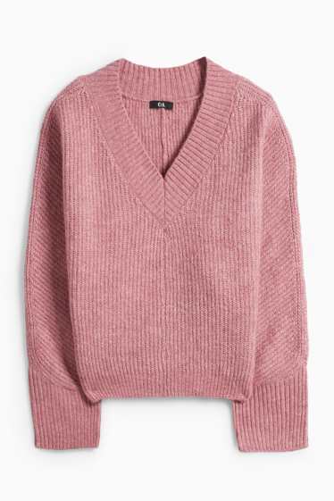 Dámské - Svetr s výstřihem ve tvaru V - žebrovaný - tmavě růžová