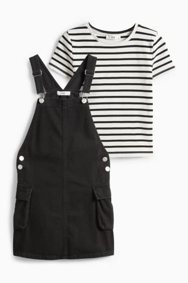 Kinder Mädchen - Set - Kurzarmshirt und Jeans-Latzkleid - 2 teilig - schwarz / weiss