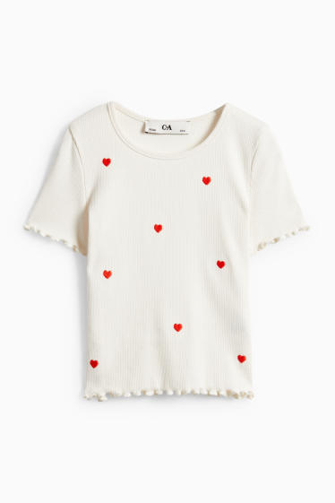 Enfants filles - Cœur - haut à manches courtes - finition côtelée - blanc crème