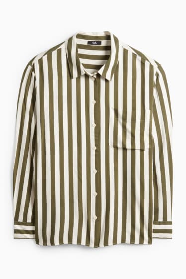 Damen - Bluse - gestreift - dunkelgrün / cremeweiss