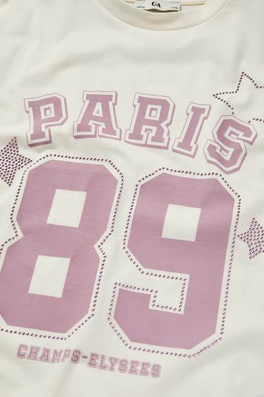 Děti - dívky - Paris - tričko s krátkým rukávem se štrasovými kamínky - krémově bílá