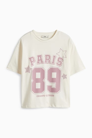 Děti - dívky - Paris - tričko s krátkým rukávem se štrasovými kamínky - krémově bílá