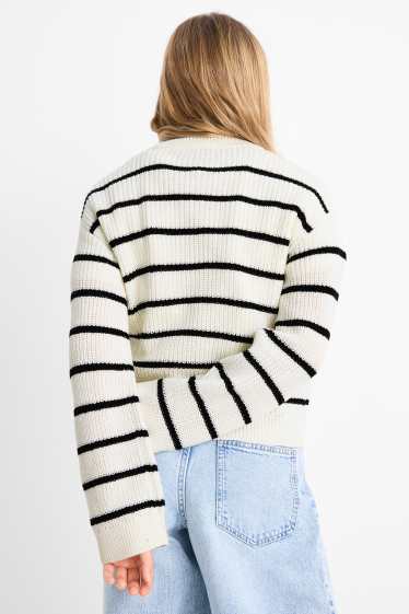Children Girls - Jumper - ribbed - striped - white / black