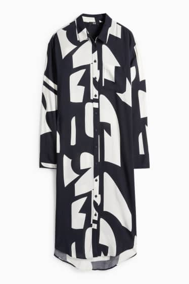 Damen - Viskose-Blusenkleid - gemustert - dunkelblau / weiss
