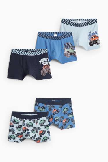 Děti - chlapci - Multipack 5 ks - monster trucky - boxerky - tmavomodrá