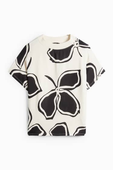 Dámské - Tričko - relaxed fit - s květinovým vzorem - černá/béžová