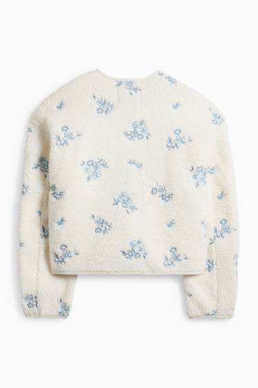 Donna - Giacca in pelo teddy - a fiori - bianco / azzurro