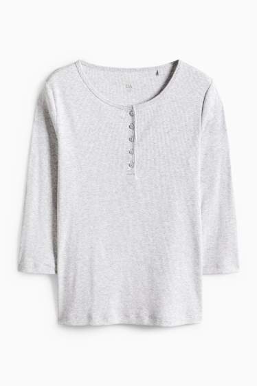 Dámské - Tričko ve stylu henley - slim fit - žebrované - světle šedá-žíhaná