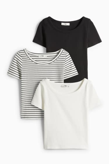 Děti - dívky - Multipack 3 ks - tričko s krátkým rukávem - žebrované - tmavomodrá/bílá