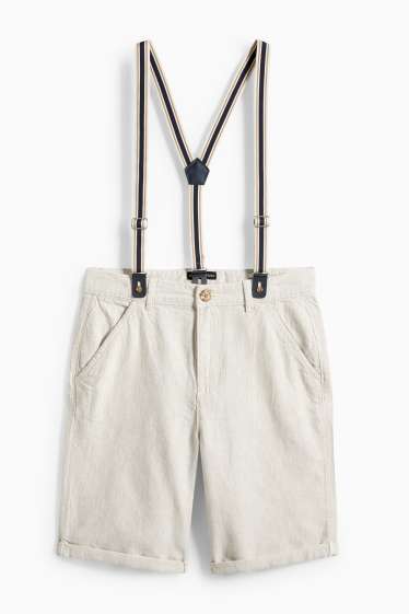Kinder Buben - Bermudas mit Hosenträgern und Leinen-Anteil - hellbeige
