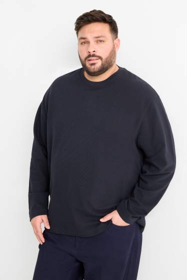 Pánské - Tričko s dlouhým rukávem - relaxed fit - žebrované - tmavomodrá