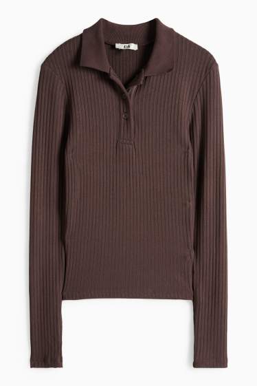 Damen - Poloshirt - Slim Fit - gerippt - dunkelbraun