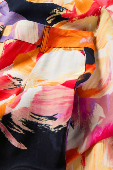 Dámské - Plátěné kalhoty - high waist - wide leg - s květinovým vzorem - barevná