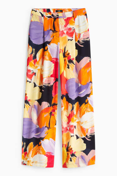 Dámské - Plátěné kalhoty - high waist - wide leg - s květinovým vzorem - barevná