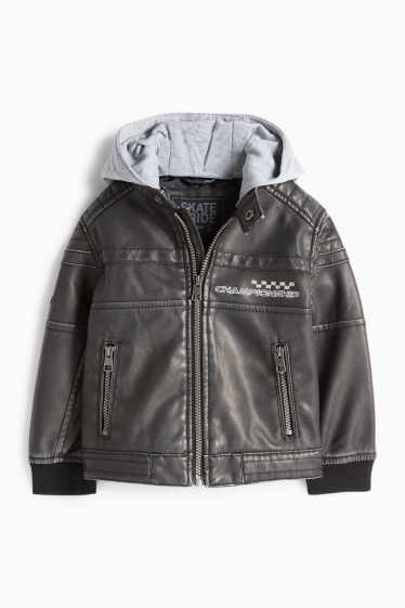 Kinderen: jongens - Racing - bikerjas met capuchon - imitatieleer - donkergrijs