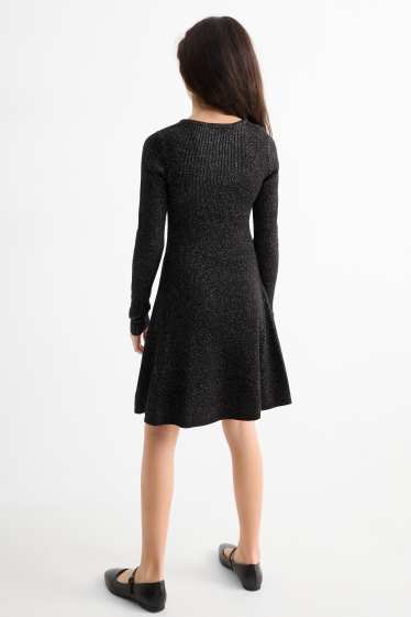 Kinder Mädchen - Strickkleid - gerippt - schwarz