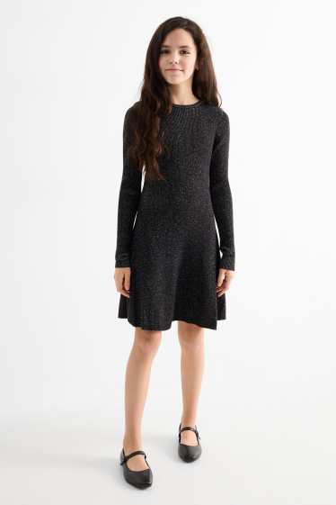 Kinder Mädchen - Strickkleid - gerippt - schwarz