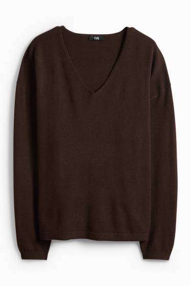 Dámské - Svetr s výstřihem ve tvaru V - tmavohnědá