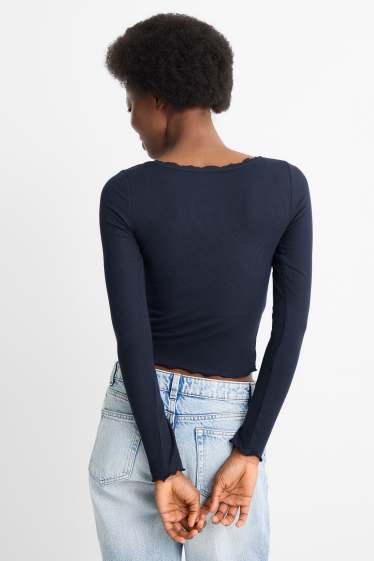 Femei - Tricou crop cu mânecă lungă - regular fit - reiat - albastru închis