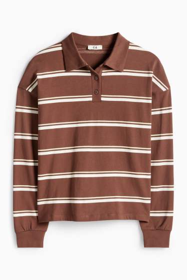 Femmes - Polo à manches longues - regular fit - à rayures - marron / blanc crème