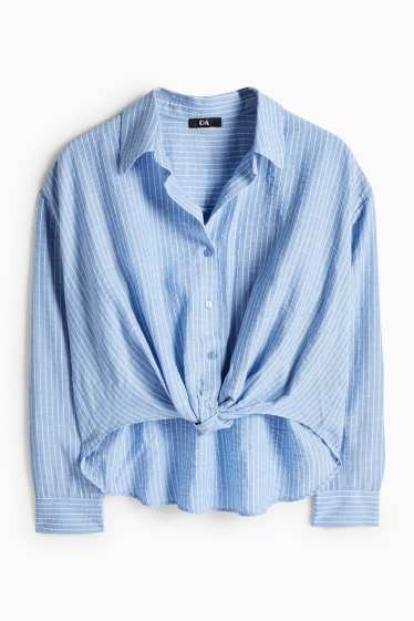 Dames - Blouse met knoop in de stof - gestreept - blauw