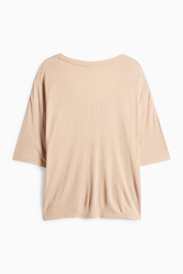 Femmes - T-shirt - relaxed fit - finition côtelée - beige