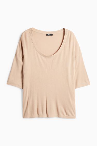 Femmes - T-shirt - relaxed fit - finition côtelée - beige