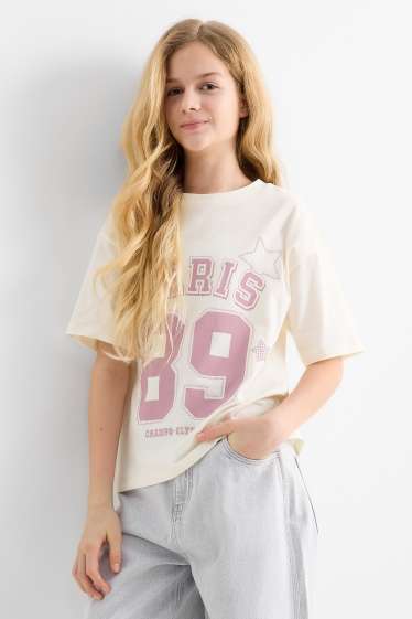 Copii - Fete - Paris - tricou cu mânecă scurtă cu ștrasuri - alb-crem