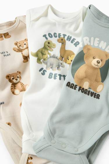 Unisex - Multipack 3er - Teddybär, Dino und Tiger - Baby-Body - hellbeige