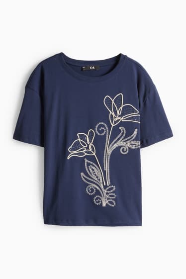 Women - T-shirt - relaxed fit - shiny - dark blue