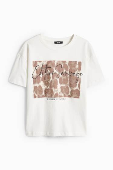 Dames - T-shirt - relaxed fit - glanseffect - luipaardprint - wit