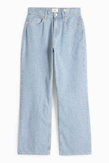 Femei - Baggy jeans - talie medie - cu dungi - alb / albastru deschis