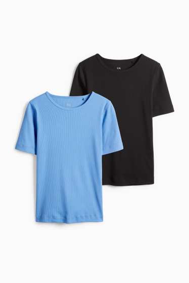 Femmes - Lot de 2 - T-shirt - slim fit - finition côtelée - bleu / noir
