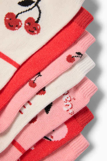 Děti - dívky - Multipack 7 ks - třešně a srdíčka - ponožky s motivem - červená