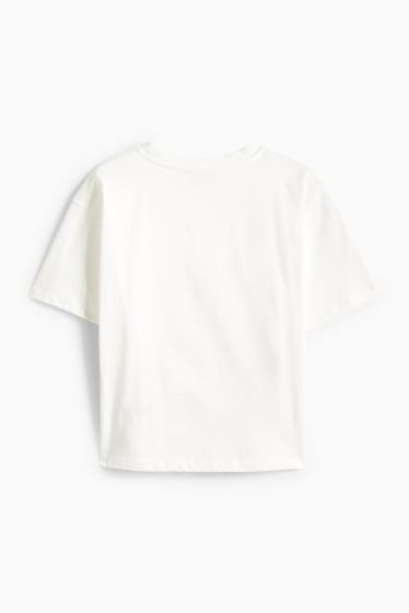 Children Girls - Cat - short sleeve T shirt - white / blue