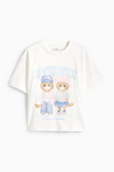 Children Girls - Cat - short sleeve T shirt - white / blue