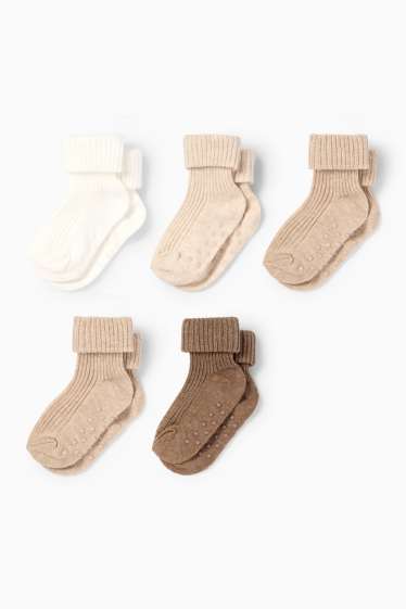 Unisex - Multipack 5er - Baby-Anti-Rutsch-Socken - gerippt - braun / cremeweiss